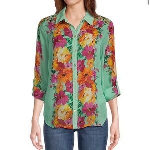 Green Cuffed Sleeve Button Down Shirt with Notched Collar